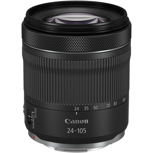 Canon RF 24-105mm f/4-7.1 IS STM lens with focus ring and focal length markings visible.