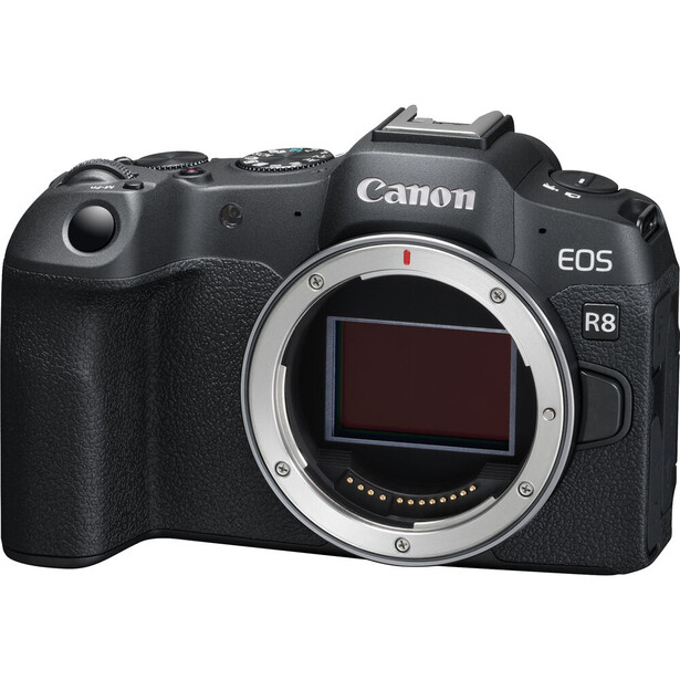 Canon EOS R8 mirrorless camera body with sensor exposed, shown from front-left angle against white background.
