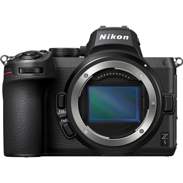 Nikon Z mirrorless camera body with lens mount exposed and full-frame sensor visible.