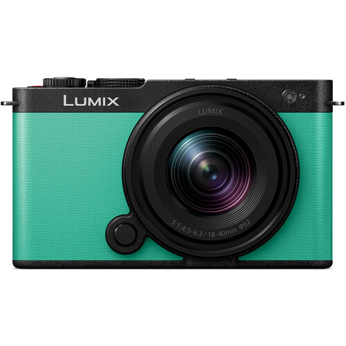 Lumix S9 mirrorless camera with turquoise body and black lens mounted on white background.