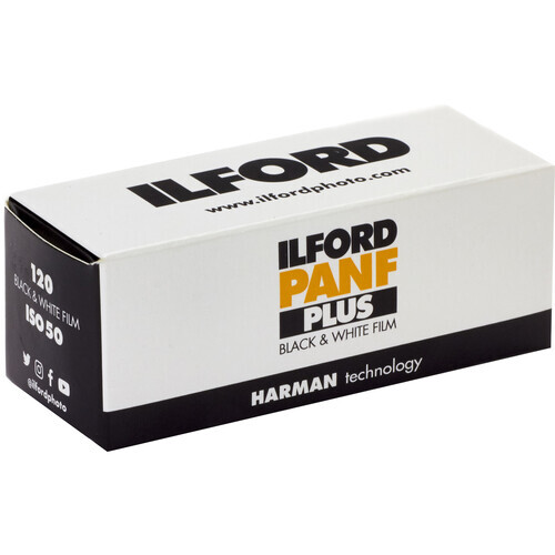 Ilford PAN F Plus black and white film box with HARMAN technology branding.