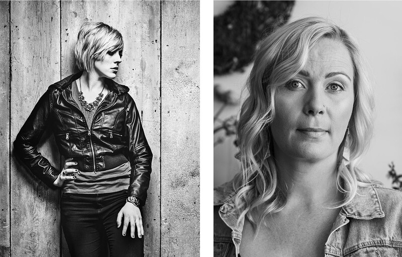 Two black and white portrait photographs showing different lighting and compositional approaches.