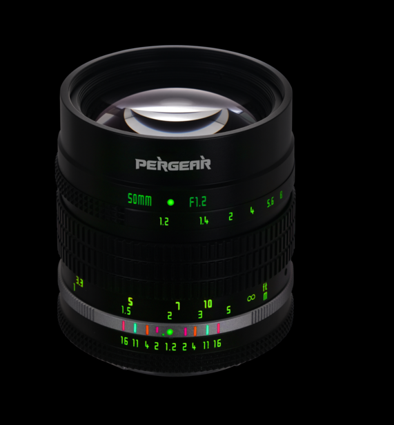 Pergear manual focus lens with green markings and depth-of-field scale against black background.