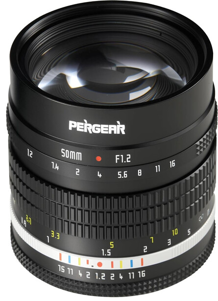 Pergear 58mm f/1.2 manual focus lens with aperture and focus ring markings visible.