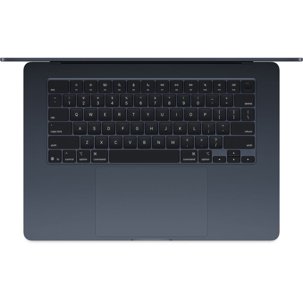 Top-down view of a dark gray laptop with black keyboard and trackpad visible.