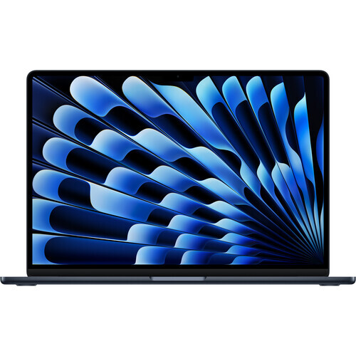 Laptop displaying abstract blue feather-like 3D shapes arranged in a radiating pattern on dark background.