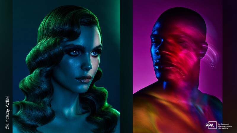 Side-by-side portrait comparison with contrasting neon lighting and color grading.