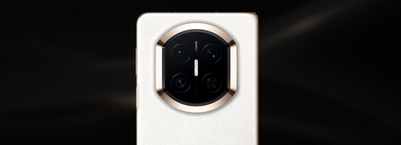 Rear camera module of a smartphone with four lenses arranged in a square pattern around a circular metal ring on white back panel.