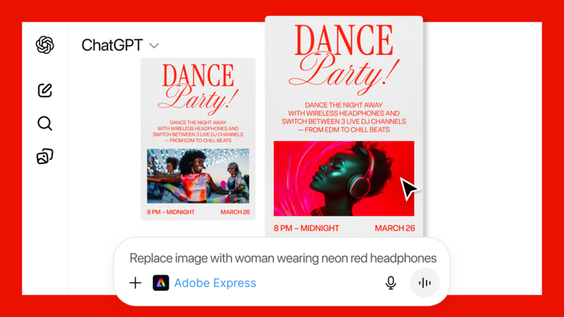 Screenshot of ChatGPT interface showing two red and white dance party flyer designs side by side.