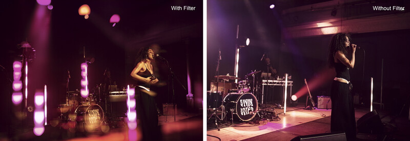 Side-by-side comparison of a concert stage with and without color correction filter applied.