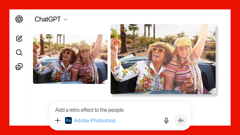 Screenshot of ChatGPT interface showing before and after photos of two people with retro sunglasses effect applied.