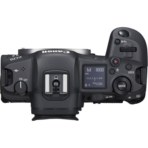 Top-down view of a Canon mirrorless camera body showing controls and mode dial.