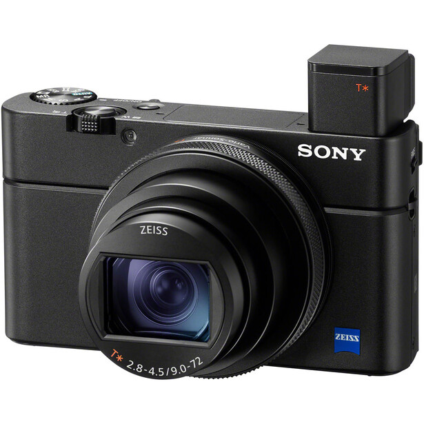 Sony RX100 VII compact camera with pop-up electronic viewfinder, shown from front-left angle against white background.