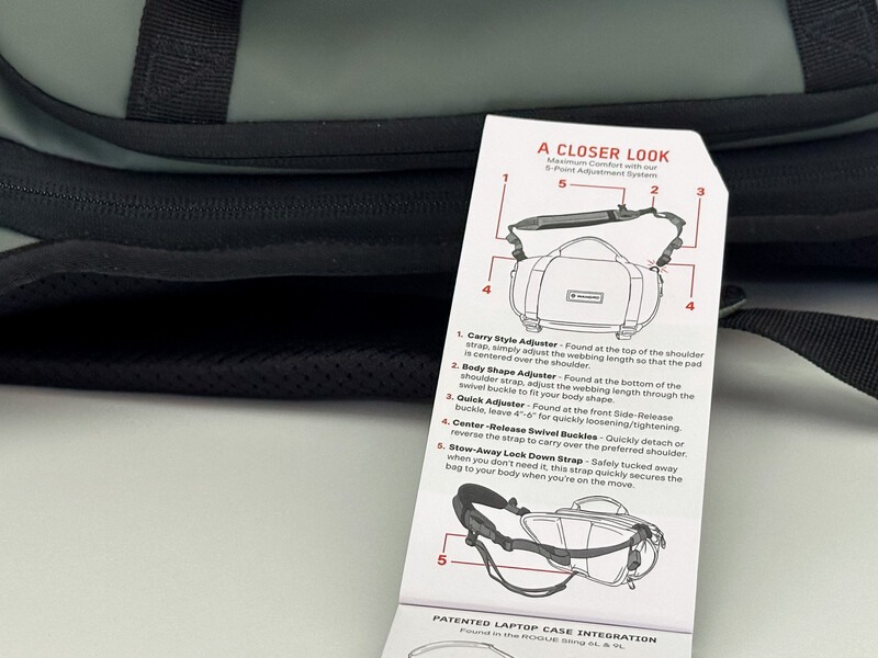 Product instruction card for camera bag with labeled diagrams and feature callouts.