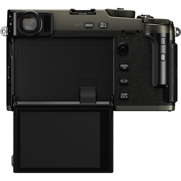 Rear view of a compact digital camera with articulating screen and control buttons visible.