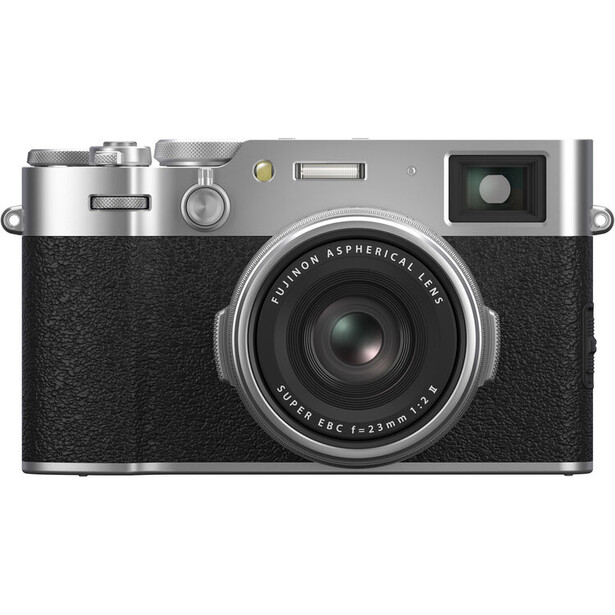 Rangefinder film camera with silver top plate and black leather body, featuring a fixed lens and mechanical controls.