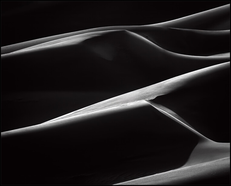 Abstract black and white photograph of curved, translucent forms creating flowing shapes against a dark background.