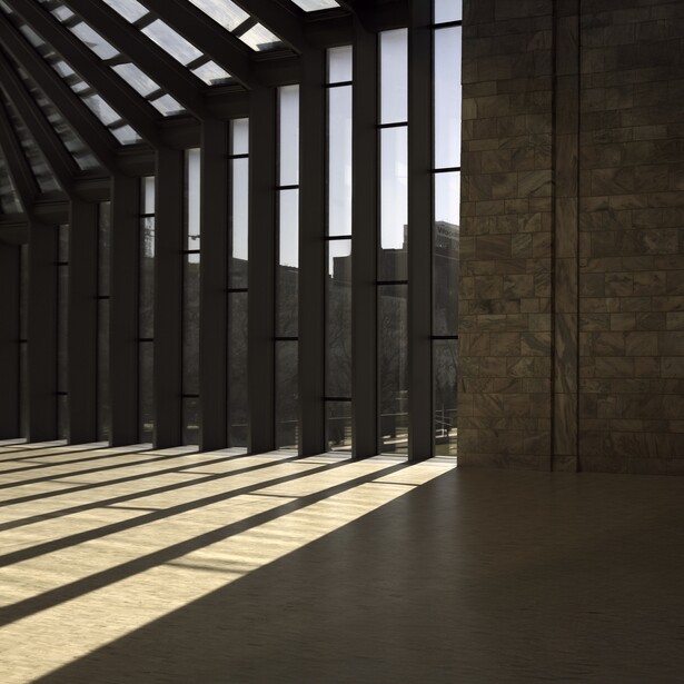 Sunlight streaming through tall vertical windows creates dramatic striped shadows across a concrete floor in a minimalist industrial space.