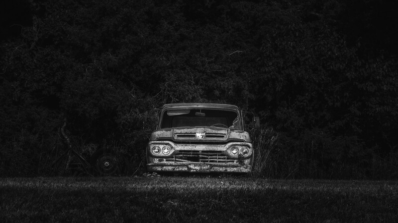 Vintage truck front-on in monochrome, nestled against dark foliage.