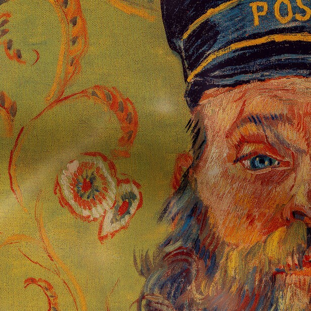 Detail from a Van Gogh painting showing a bearded man's face wearing a blue cap with ornamental swirls in warm ochre tones.