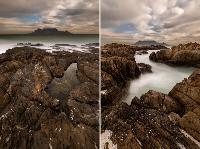One location, two perspectives, with tripod legs collapsed and expanded