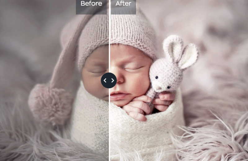 Before and after comparison of newborn portrait editing, showing enhanced contrast and skin tones.