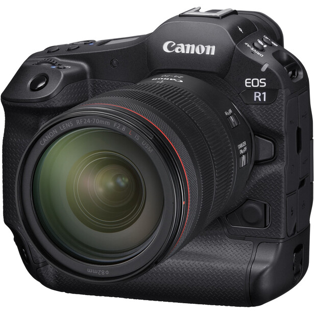 Canon EOS R1 mirrorless camera with attached zoom lens against white background.