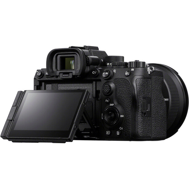 Black mirrorless camera with articulating LCD screen displayed from rear three-quarter view.