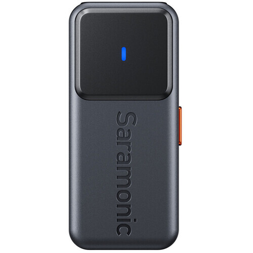 Seramic wireless microphone receiver with dark gray body and black top panel with blue indicator light.