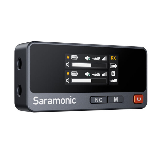 Saramonic wireless microphone receiver with three channels displaying signal strength meters and control buttons.