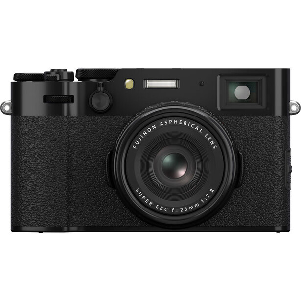 Black rangefinder camera with textured grip and fixed prime lens on white background.