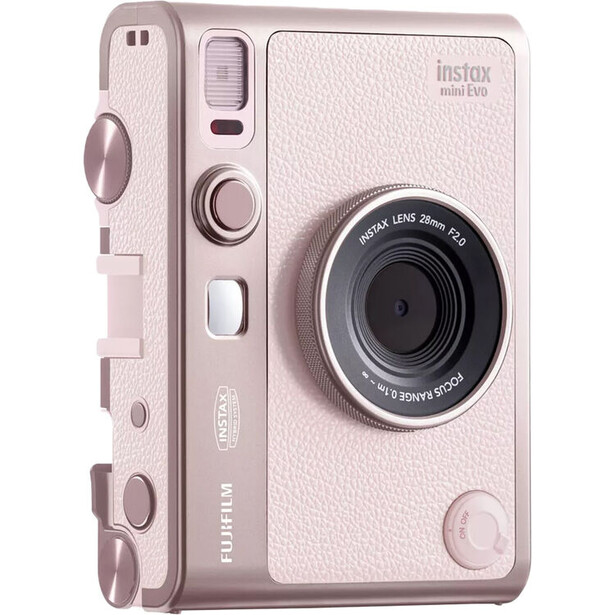 Fujifilm Instax Evo hybrid instant camera in pink with manual focus lens and control buttons.