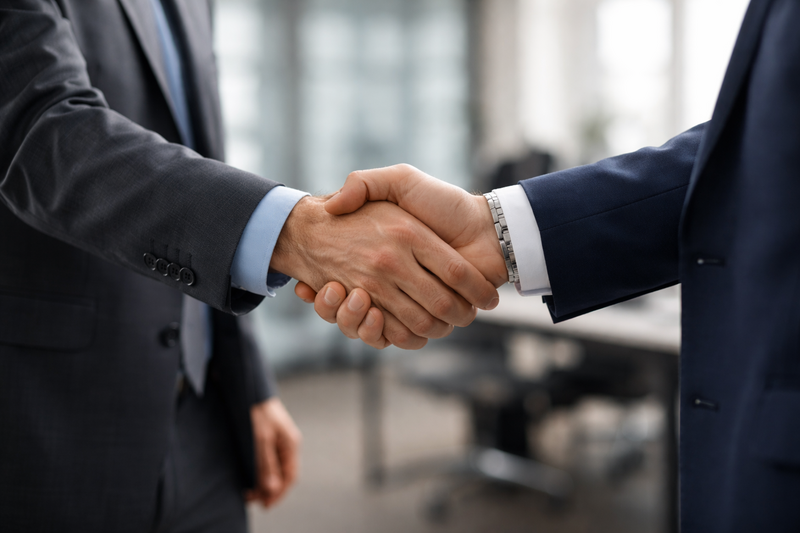 Two business professionals in dark suits shaking hands in an office setting.