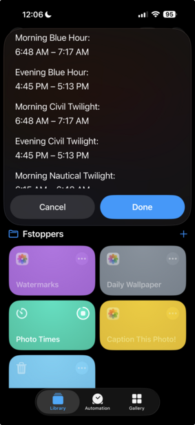 Screenshot of a mobile app displaying blue hour and twilight photography timing presets with customizable color-coded categories.