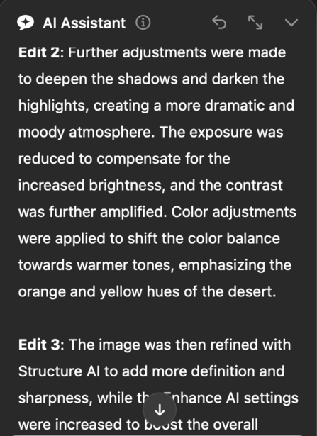 Screenshot of AI Assistant editing notes describing shadow deepening and color grading adjustments.