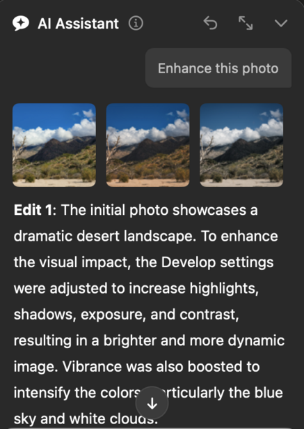 Three side-by-side edits of a desert landscape showing progressive enhancement of highlights, shadows, and color saturation.