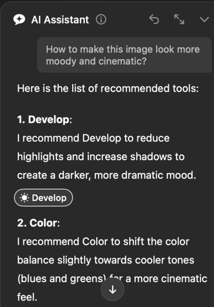 Screenshot of AI Assistant interface displaying post-processing recommendations for enhancing mood and cinematography.