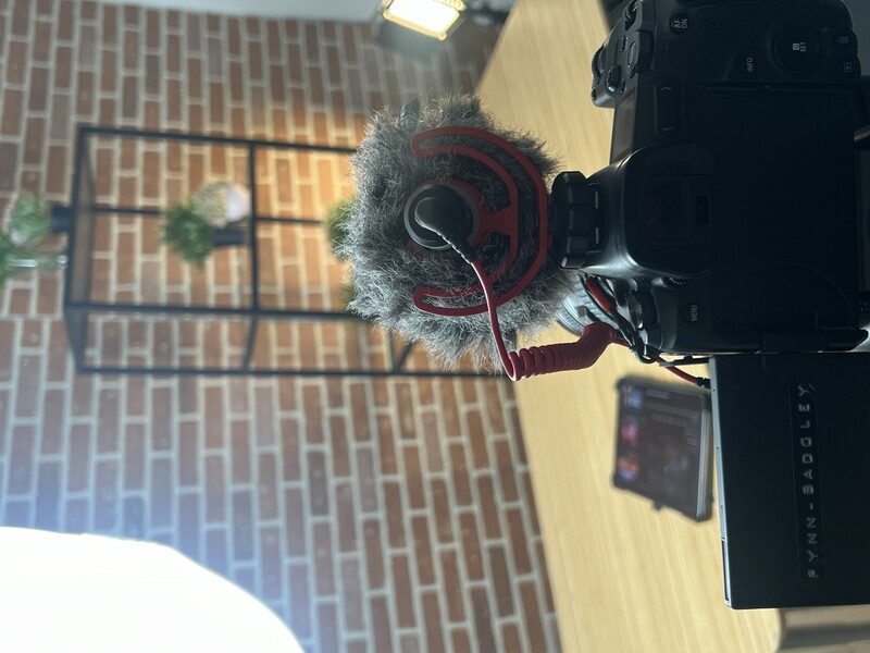 Camera with shotgun microphone mounted on top, positioned in front of brick wall during video recording setup.