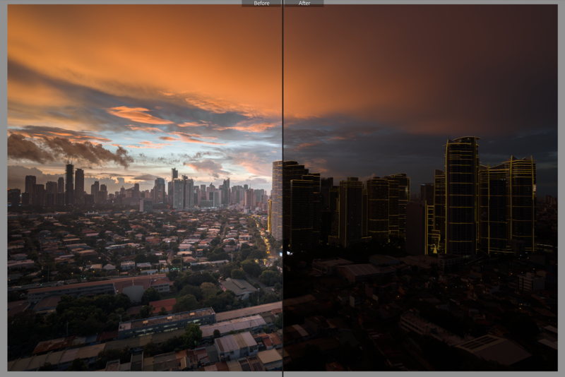 Split-screen comparison of a city skyline at sunset and the same view in darkness.