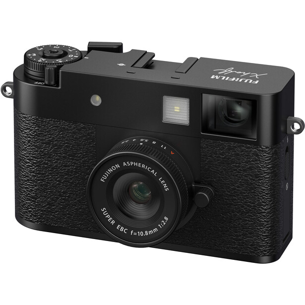 Black compact rangefinder camera with textured grip and fixed lens against white background.