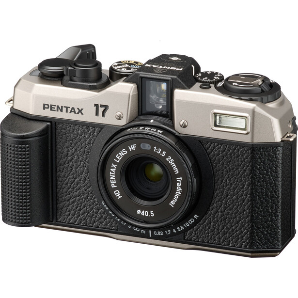 Pentax 17 film camera with black textured body and champagne top plate.