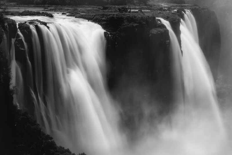 A black and white image of Victoria Falls