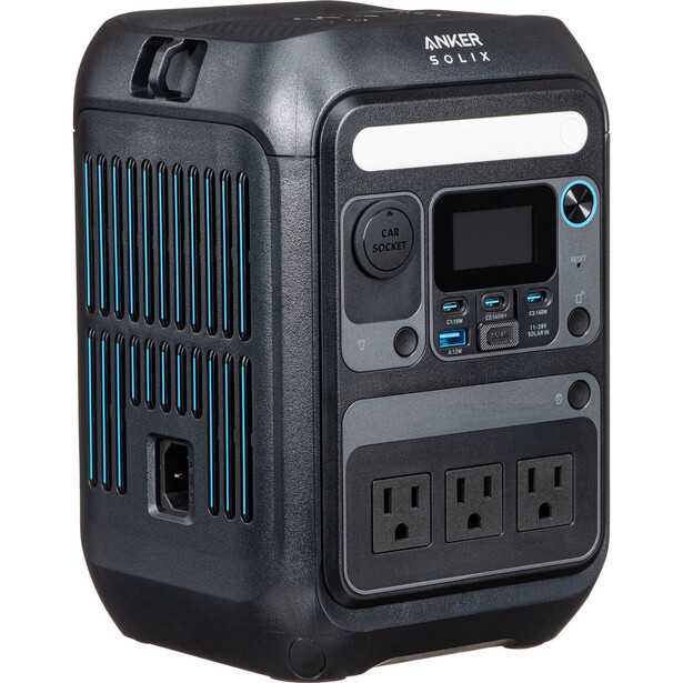 Anker 757 portable power station with digital display, control panel, and three AC outlets visible on front face.