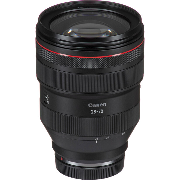 Canon RF 28-70mm f/2.8L IS USM lens against white background.
