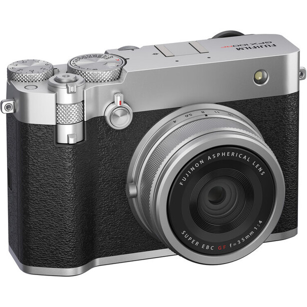 Rangefinder camera with silver top plate, black leather body, and fixed prime lens.