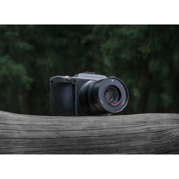 Medium format camera with attached lens positioned on weathered wood surface against blurred forest background.