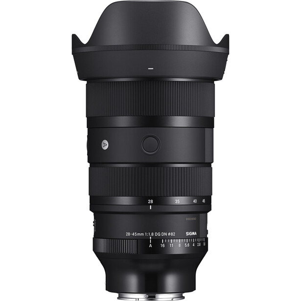 Black telephoto zoom lens with hood mounted, displayed against white background.