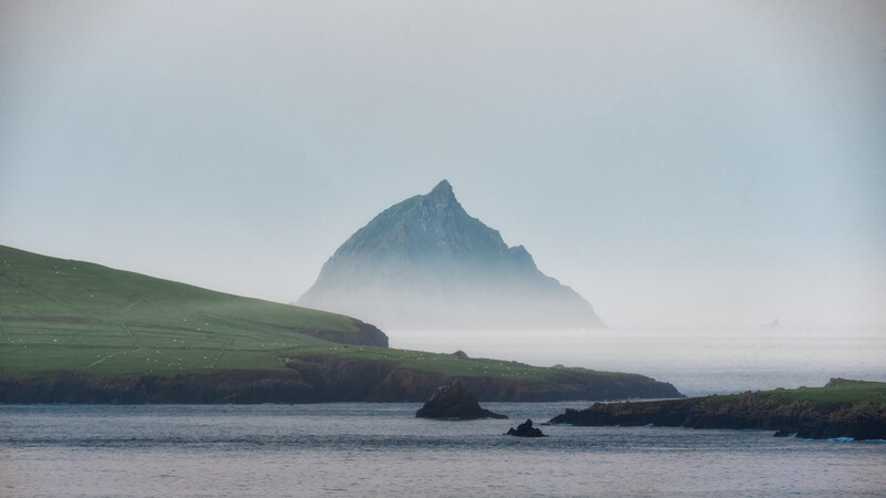Skellig Island on a misty hazy day