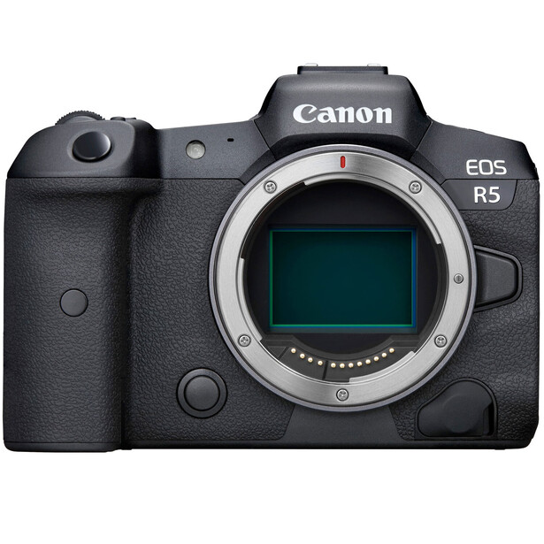 Canon EOS R5 mirrorless camera body shown from front, displaying the open mirror box and sensor.