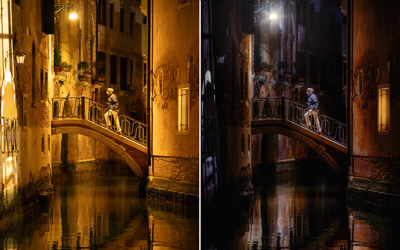 A comparison of two different edits showing a man crossing a bridge at night.